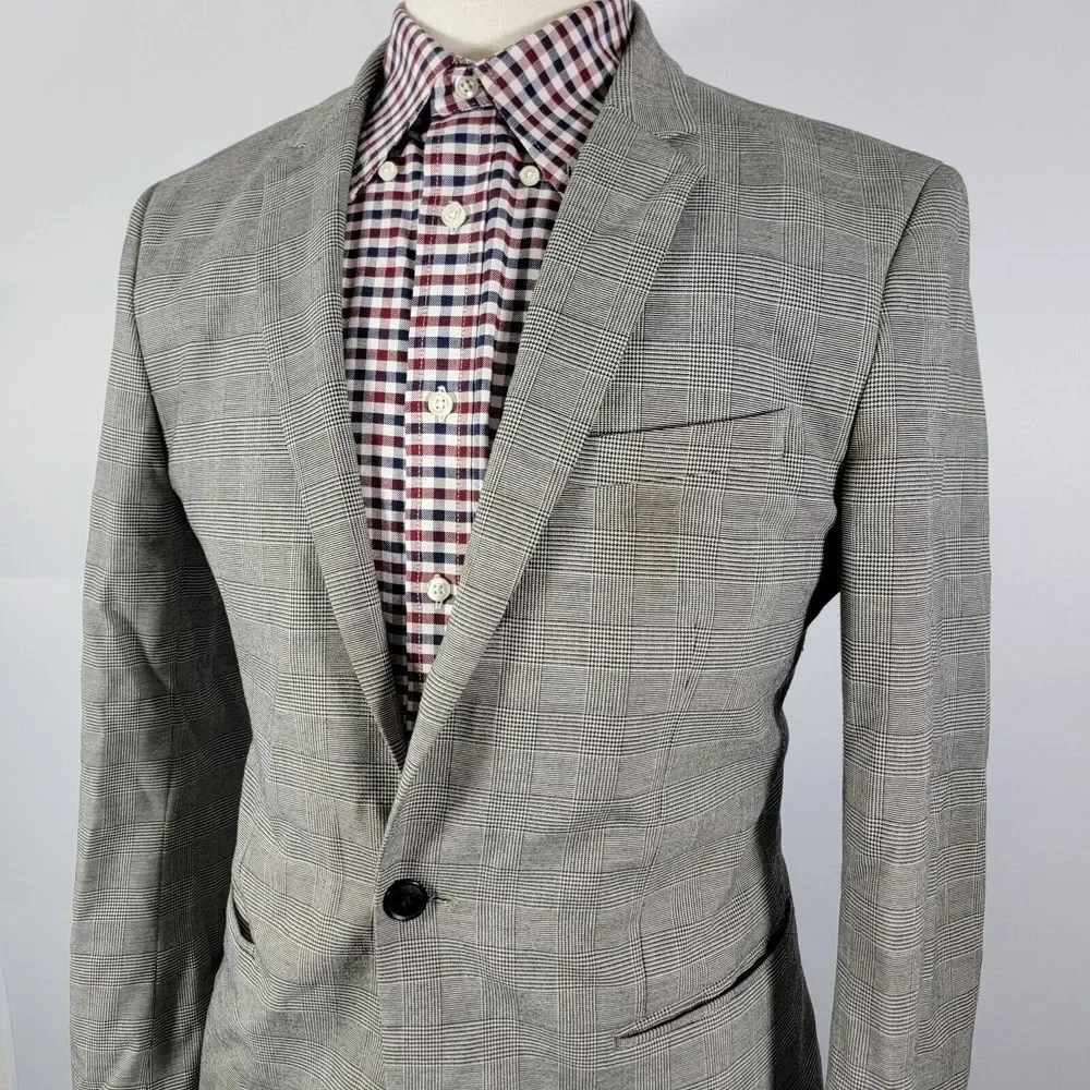 H&M Men's Sport Coat Blazer One Button Gray Plaid Polyester Blend Skinny Fit 40R